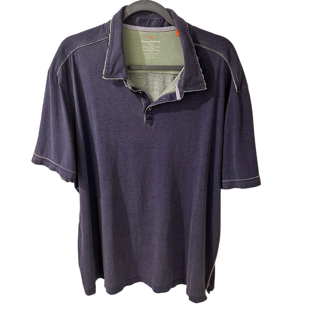 Tommy Bahama Pima Cotton Distressed Polo Shirt Aloha Raw Seams Navy Green, XXL